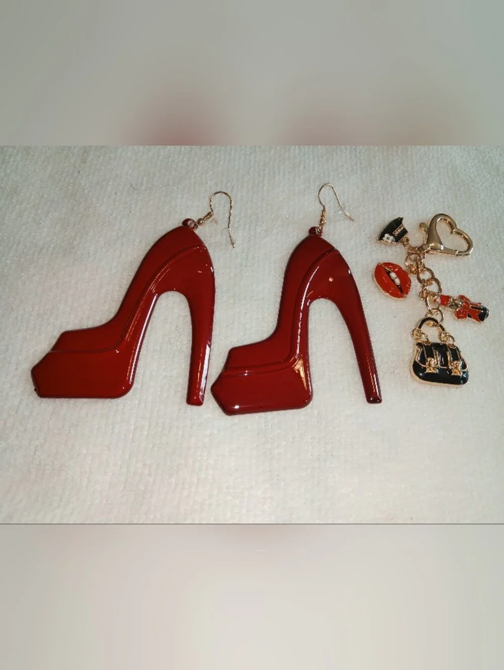 Red High Heel Earrings and Gold-tone Lipstick & Handbag keychain